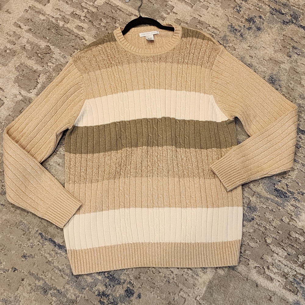 Geoffrey‎ Beene Beige Cable Knit Ribbed Crewneck Sweater Cotton Men's Size XL